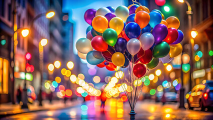 A vibrant cluster of colorful balloons floating above a bustling city street at dusk with blurred lights and cars in the background.