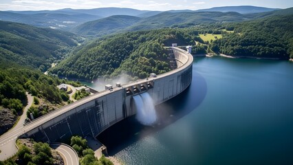 El rendimiento de la energ&iacute;a hidroel&eacute;ctrica y las energ&iacute;as renovables se muestra en una fotograf&iacute;a realista de una presa que funciona en armon&iacute;a con la naturaleza.