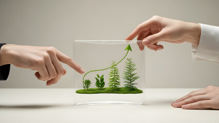 Two hands pointing at a small terrarium showing plant growth represented by an upward trending arrow graph, symbolizing business success and environmental sustainability