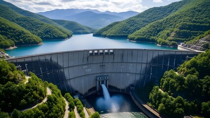 El rendimiento de la energ&iacute;a hidroel&eacute;ctrica y las energ&iacute;as renovables se muestra en una fotograf&iacute;a realista de una presa que funciona en armon&iacute;a con la naturaleza.