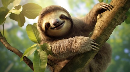 Fototapeta premium Playful, Smiling Sloth Clinging Cheerfully to a Sunlit Tree Branch in a Lush Tropical Forest