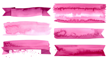 Watercolor banners & ribbons in various shades of pink and magenta, textured and layered