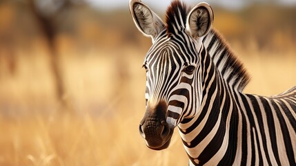 Naklejka premium Portrait of a Striped Zebra in a Golden Savanna Field Under Bright Sunlight