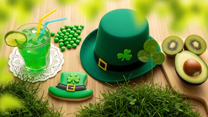 St patricks day celebration with green themed food and drink on wooden table