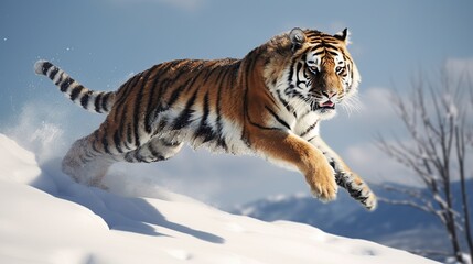 Powerful tiger leaps across fresh snow in a bright blue winter landscape