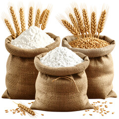 Close-up of burlap sacks filled with grains and flour, wheat stalks, and a plain background