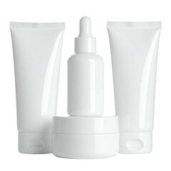 Group of minimalist white cosmetic containers against black, clean backdrop