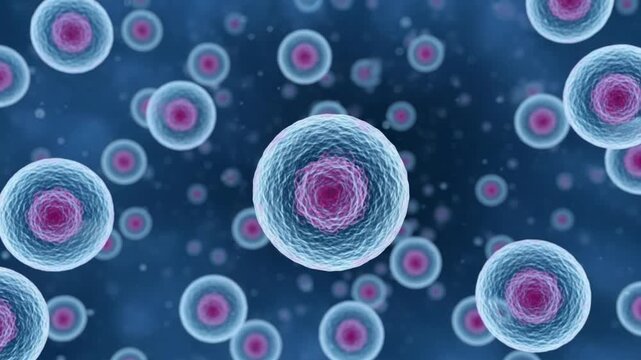 Microscopic view of numerous cells with pink centers on blue background