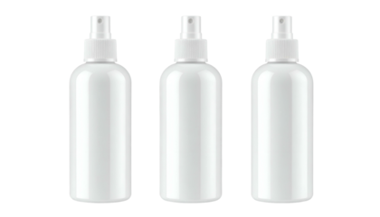 Three identical white spray bottles, slightly angled, against a stark black background