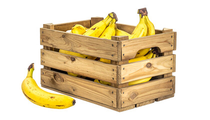 Ripe yellow bananas spilling out of and filling a rustic wooden crate