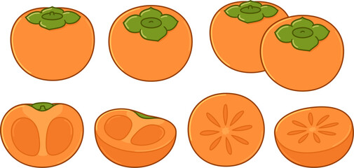 Hand drawn cartoon persimmon set. Whole fruit and cut cross section. Isolated vector clip art illustration.