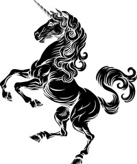 Unicorn horn horse mythological animal from myth. For a crest in rampant pose. Heraldic coat of arms heraldry design element in a vintage illustration style.