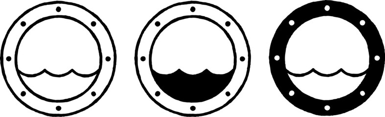 Hand drawn porthole logo. Simple, minimal black and white doodle style vector illustration. 3 variations: line art and solid color.
