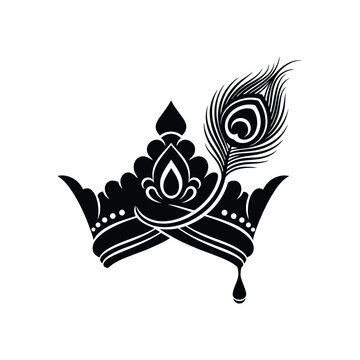 Lord Krishna mukut crown with peacock feather silhouette vector art illustration