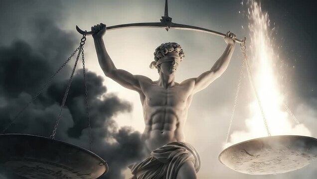 Muscular blindfolded marble statue holding large balancing scales against a dramatically contrasted dark cloudy sky