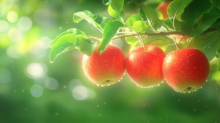 Apples on a tree branch kissed by sunlight