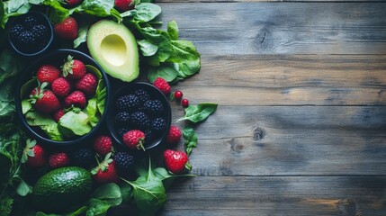 Assortment of fresh vegetables and berries on wooden table