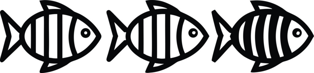 Three stylized fish icons in a row with simple bold design