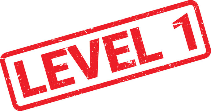 Distressed Red Level 1 Rubber Stamp on White Background, Slightly Angled Isolated