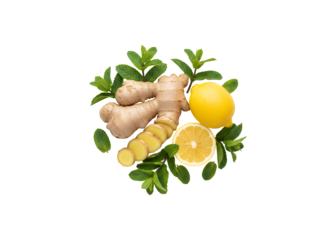 Ginger, lemon, and mint leaves arranged on a white background. Selective focus.