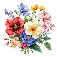 Obraz premium Bright and colorful bouquet of various spring flowers displaying a mix of petals, leaves, and natural beauty in a circular arrangement during daylight