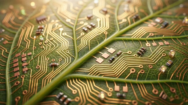 Digital Nature Fusion: A close-up showcases a circuit board ingeniously crafted in the shape of a leaf, symbolizing the seamless integration of technology and nature.