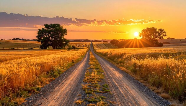 Dirt road through golden fields at sunset