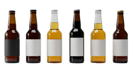 six different craft beer bottles (ipa, lager, stout) symmetrically aligned with blank white labels and condensation, studio shot on reflective white background. concept for professional branding