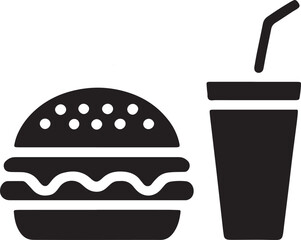 Fast Food Icon, Hamburger and Drink Cup, Black and White Vector Design