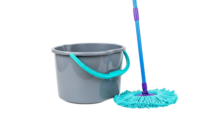 A gray bucket with a teal handle and a blue mop are featured against a stark black background.