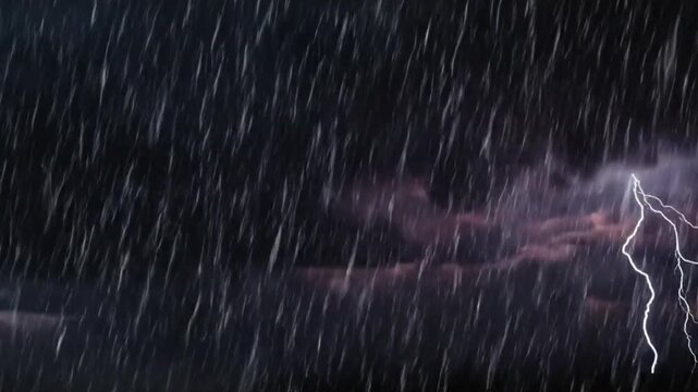 A dramatic storm scene with heavy rain, flashes of lightning illuminating dark, cloudy skies