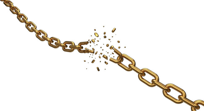 A golden chain dramatically breaks apart on a black background, visually representing freedom found.