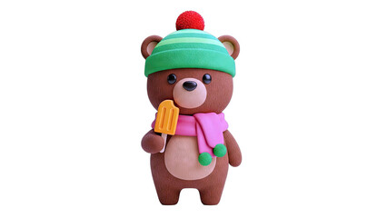 Cute Bear with Popsicle and Hat on White Background