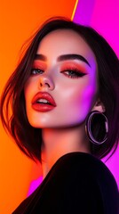 Top model radiates confidence in bold neon tones. A glowing vision of beauty