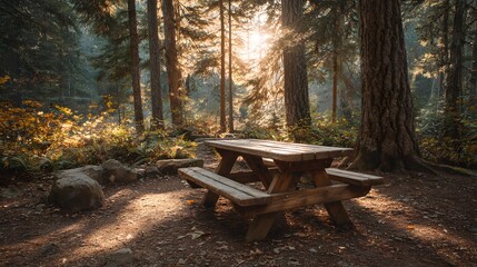 Tranquil Forest Picnic Area Bathed in Golden Sunlight.