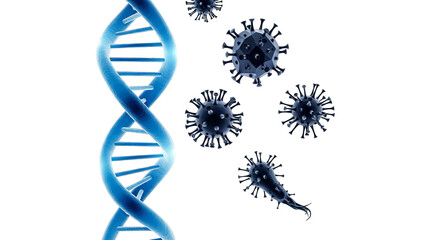 Conceptual image representing genetic code with a bright blue DNA strand and several viruses