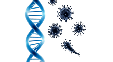 Conceptual image representing genetic code with a bright blue DNA strand and several viruses