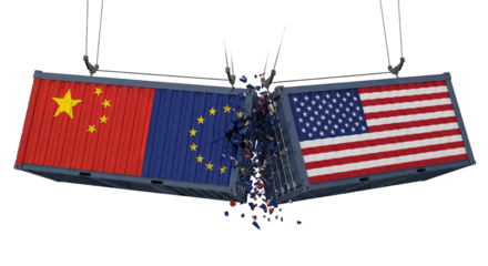 Containers painted with flags crash into each other, symbolizing breakdown in relationships