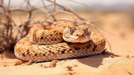Fototapeta premium Two Desert Rattlesnakes Coiled Together on Warm Sand Under Sparse Brush in a Harsh Arid Landscape