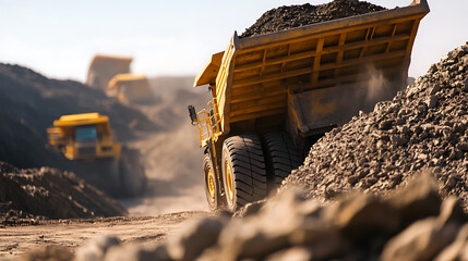 Heavy-duty trucks haul earth in a vast quarry under a bright sky, their massive tires kicking up dust. Powerful machines at work, transporting raw materials.