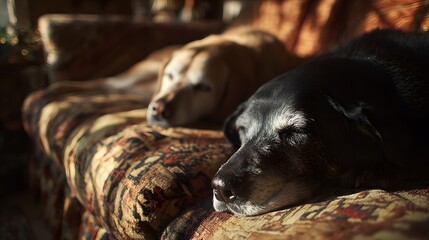 Two Dogs Relaxing on a Couch in Warm Sunlight.