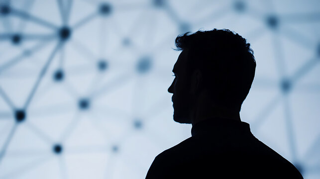 Silhouette of a man against an abstract network. Dark figure contemplates connection and future of technology in a digital age.  Modern and enigmatic portrait. - Powered by Adobe