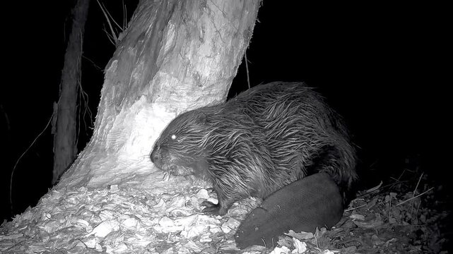 Biber, Castor fiber, nagt nachts im Winter an einem Holzstamm, Nahaufnahme, Nachtaufnahme