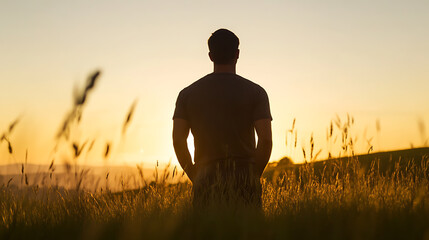 Silhouette of a person standing in a field of tall grass at sunset, with the golden light creating a sense of peace and contemplation. A tranquil moment of solitude and reflection.