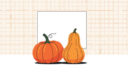 Seasonal autumn arrangement with two vibrant orange pumpkins positioned in front of a blank rectangular frame for custom messages or art.