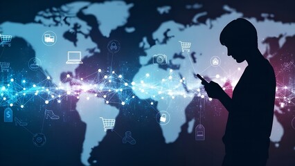 Global Digital Connectivity Person Using Smartphone with World Network