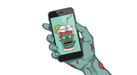 Creepy Halloween illustration featuring a decayed green zombie hand holding a smartphone that displays a spooky red cocktail with a monster.