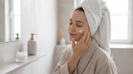 Woman with towel-wrapped hair applying cream in bathroom  