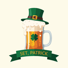 Illustration of a beer mug with a green hat and shamrock on a white background with a green banner reading 'SET, PATRICK'.
