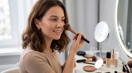 Beauty influencer applying bronzer while smiling in front of mirror  